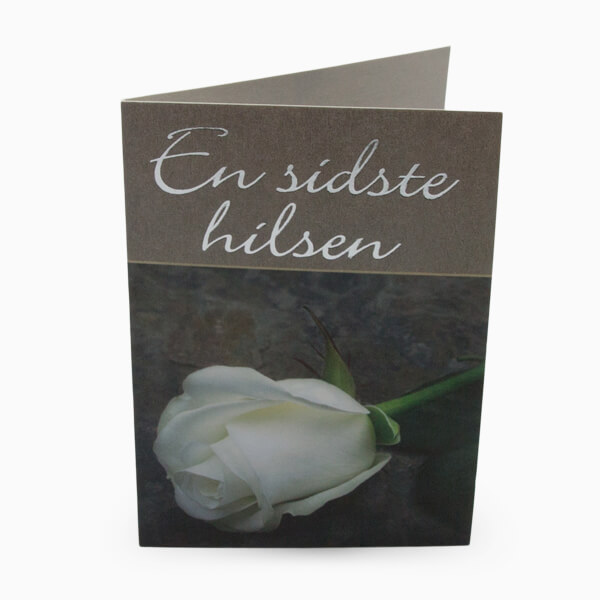 Blomsterkort med billede a en hvid roser og teksten "En sidste hilsen"